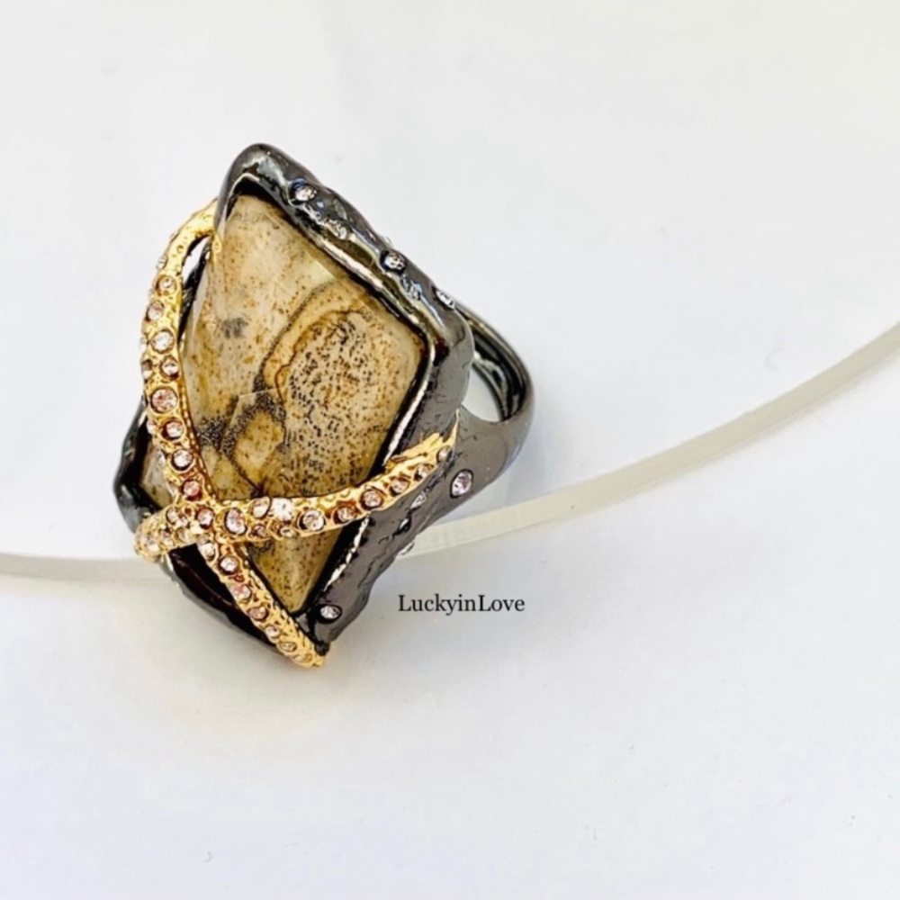 ALEXIS BITTAR • NEW Elements Gunmetal Gold Picture Jasper Crystal Orbiting Ring - Picture 7 of 11